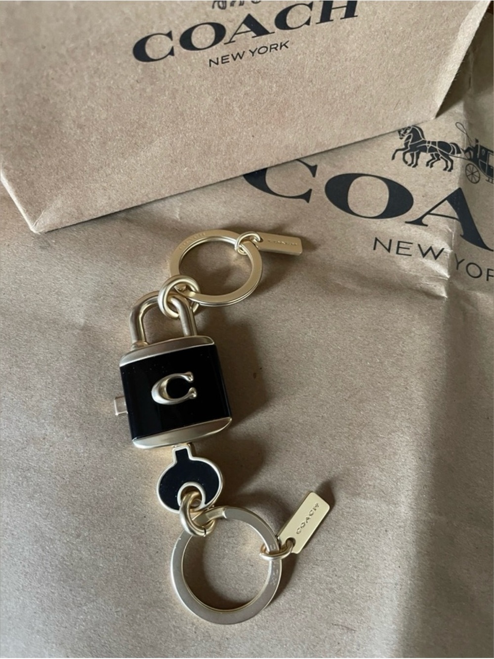 NWOT Coach Black & Gold Padlock Keyring Keychain